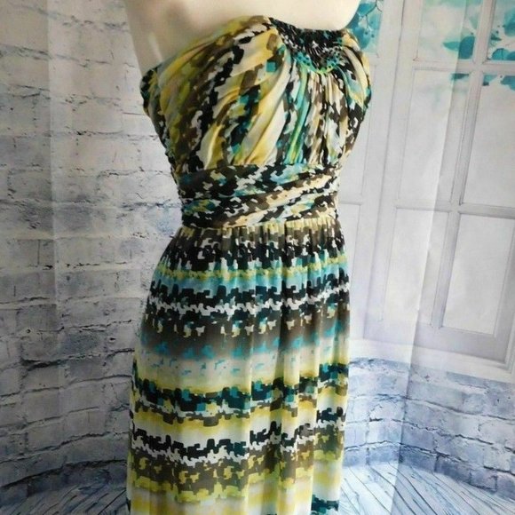 Max & Cleo Blue Yellow Multi Print Beaded Chiffon Strapless Maxi Gown Dress - 4 - Picture 3 of 9